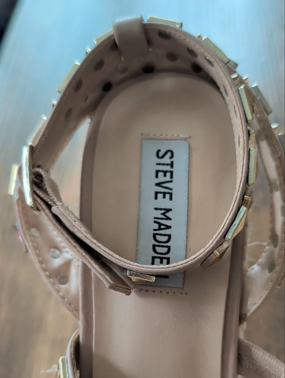 Steve Madden Beige Espadrille Wedge Sandals with Gold Studs